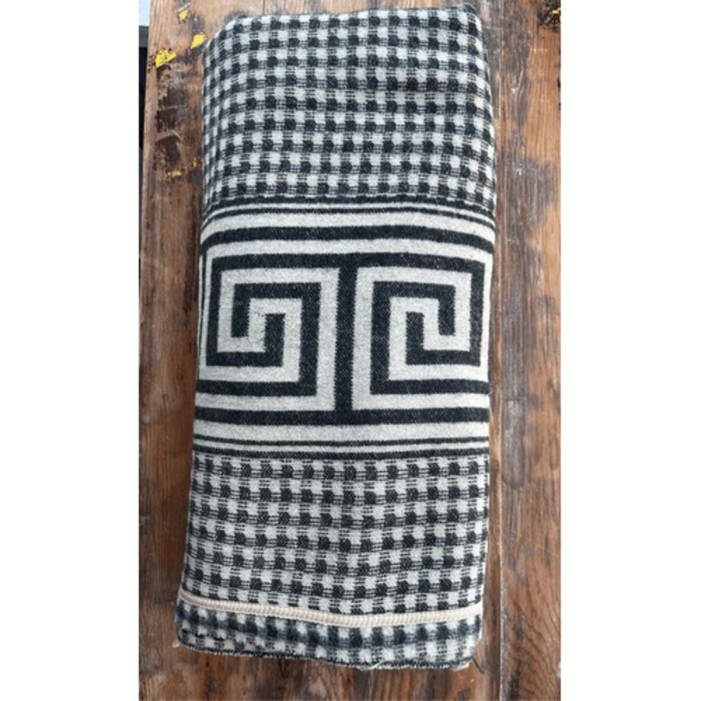 Vintage Gingham MCM Greek Key Trim Wool Blanket Black & White Size 66x76